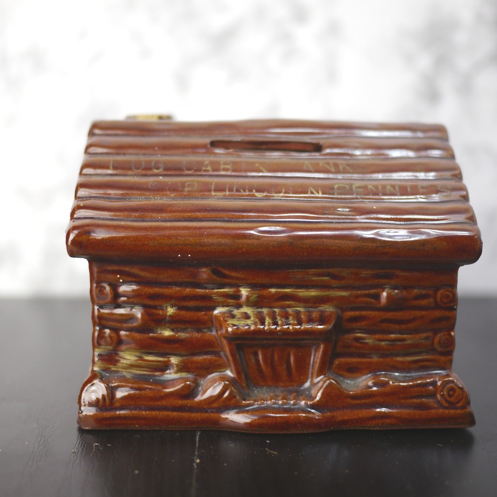 Vintage Log Cabin Bank For Lincoln Pennies Ceramic Brown Coin Piggy Bank Japan